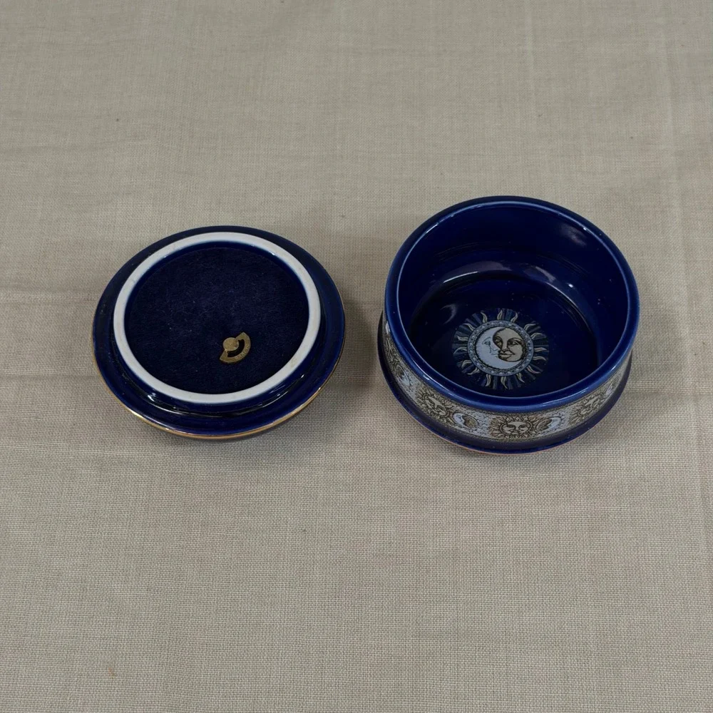 Blue Celestial Sun Moon Music Box Trinket Jar Whimsigoth Vintage OS